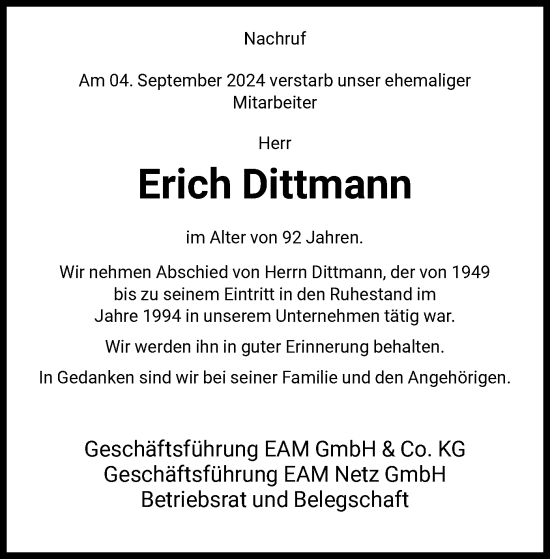 Todesanzeige von Erich Dittmann von HNA