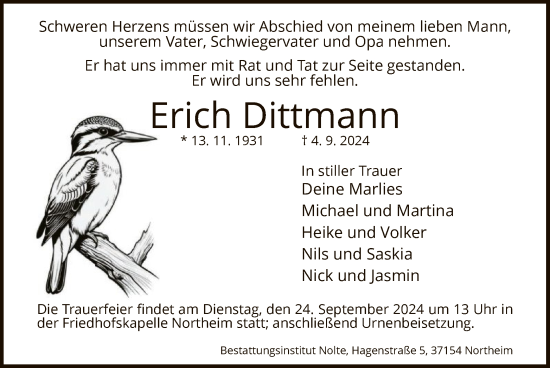 Todesanzeige von Erich Dittmann von HNA