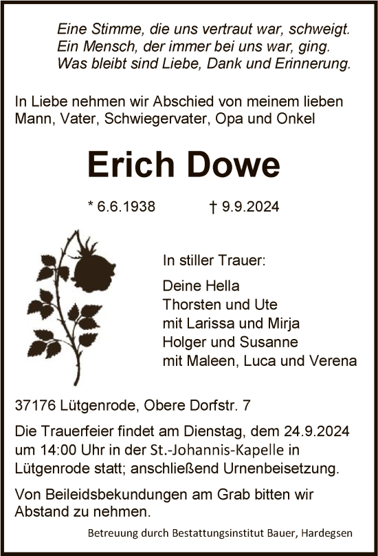 Todesanzeige von Erich Dowe von HNA