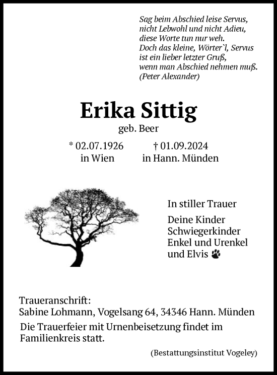 Todesanzeige von Erika Sittig von HNA