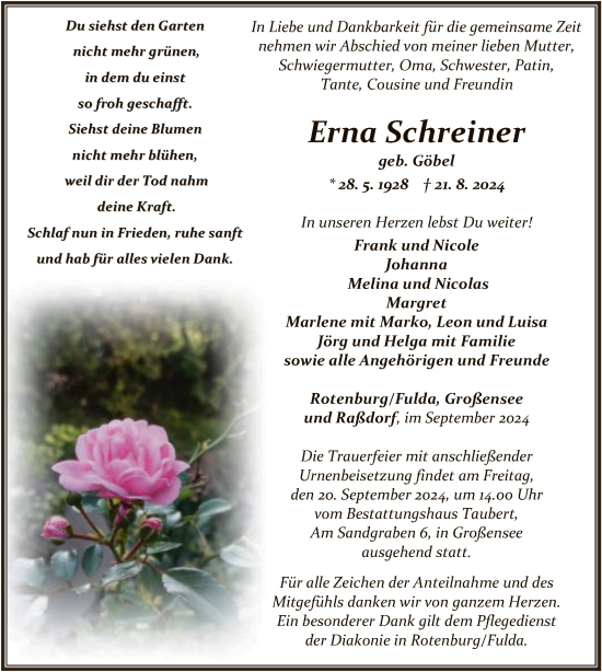 Todesanzeige von Erna Schreiner von HNAHNA