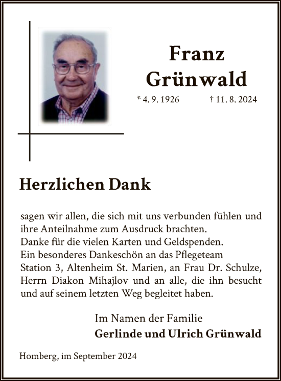 Todesanzeige von Franz Grünwald von HNA