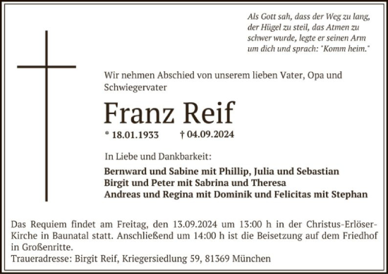 Todesanzeige von Franz Reif von HNA