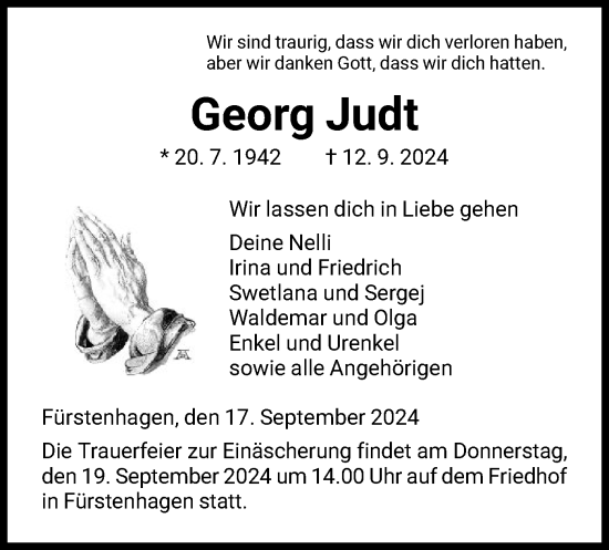 Todesanzeige von Georg Judt von HNA