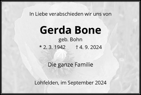 Todesanzeige von Gerda Bone von HNA