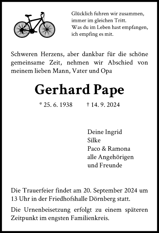 Todesanzeige von Gerhard Pape von HNA