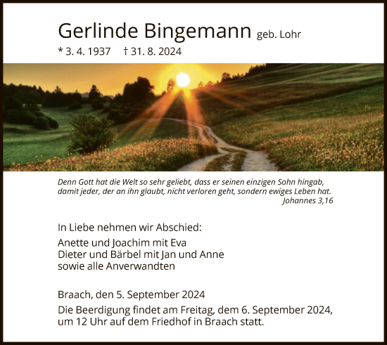 Todesanzeige von Gerlinde Bingemann von HNA