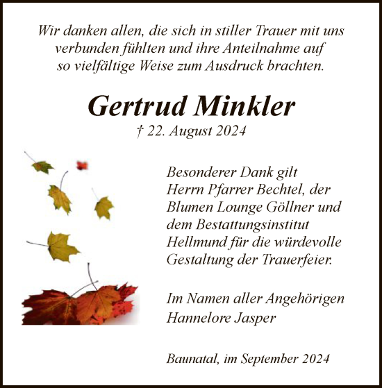 Todesanzeige von Gertrud Minkler von HNA