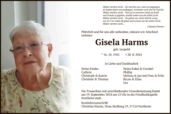 Todesanzeige von Gisela Harms von HNA