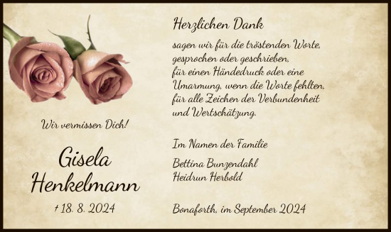 Todesanzeige von Gisela Henkelmann von HNA