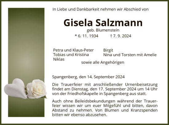 Todesanzeige von Gisela Salzmann von HNA