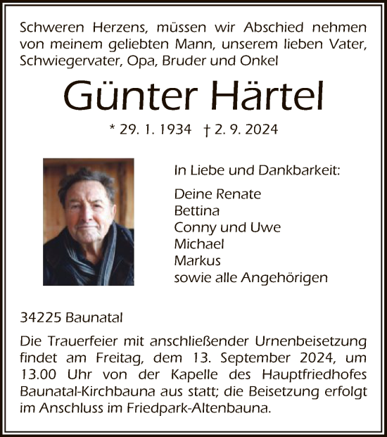 Todesanzeige von Günter Härtel von HNA