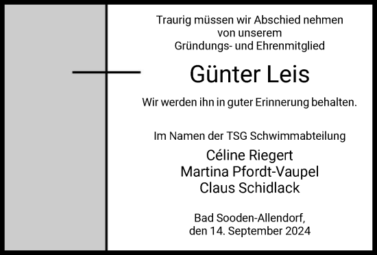 Todesanzeige von Günter Leis von HNA