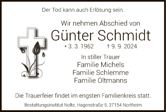 Todesanzeige von Günter Schmidt von HNA