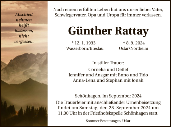 Todesanzeige von Günther Rattay von HNA