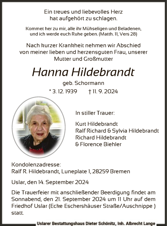 Todesanzeige von Hanna Hildebrandt von HNA