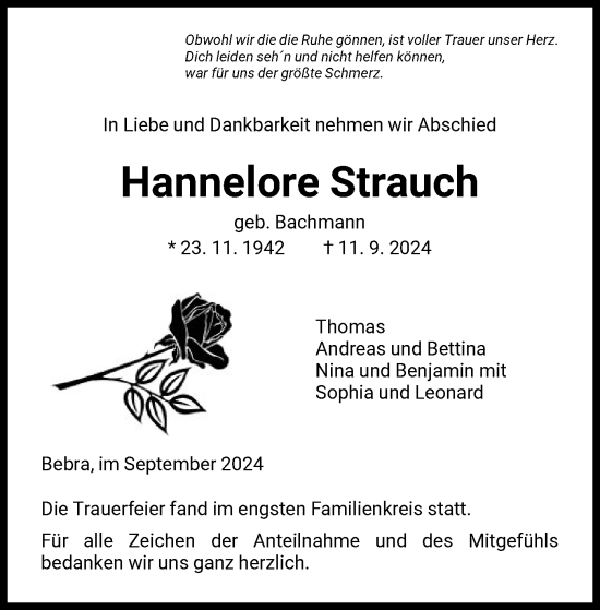 Todesanzeige von Hannelore Strauch von HNA