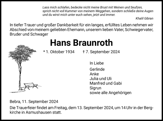 Todesanzeige von Hans Braunroth von HNA