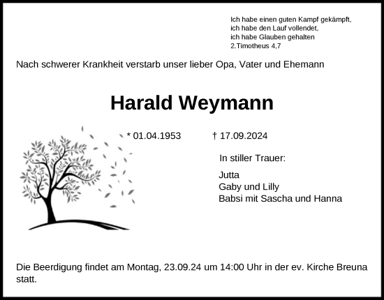 Todesanzeige von Harald Weymann von HNA