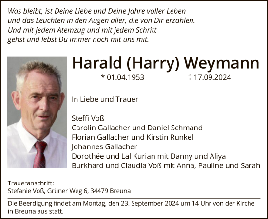 Todesanzeige von Harald Weymann von HNA