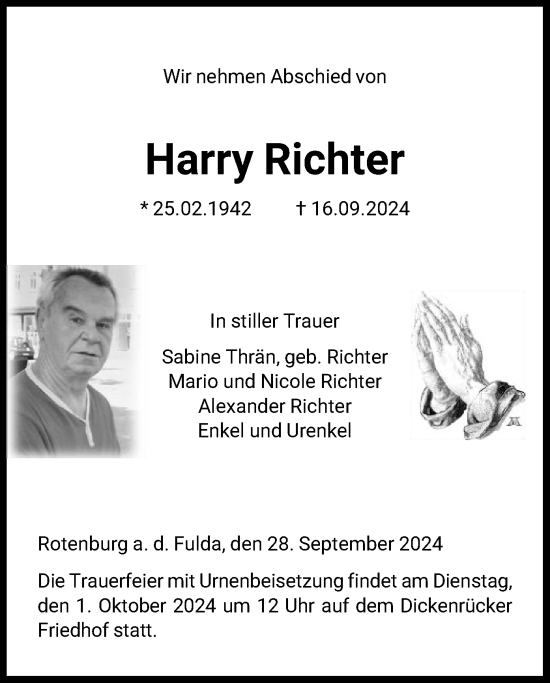 Todesanzeige von Harry Richter von HNAHNA