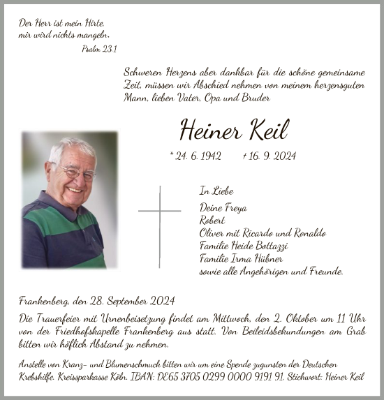 Todesanzeige von Heiner Keil von HNA