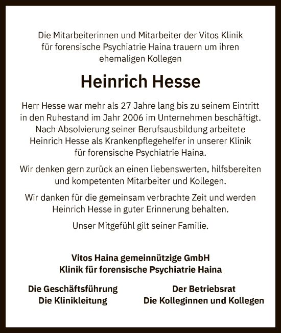 Todesanzeige von Heinrich Hesse von HNA