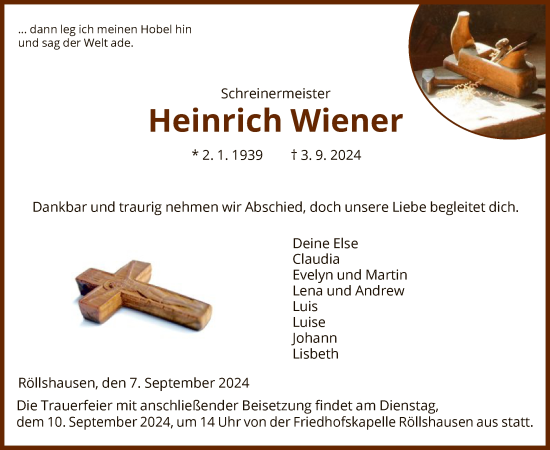 Todesanzeige von Heinrich Wiener von HNA