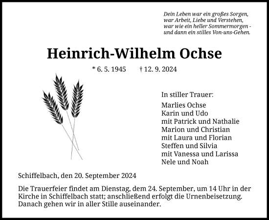 Todesanzeige von Heinrich-Wilhelm Ochse von HNA