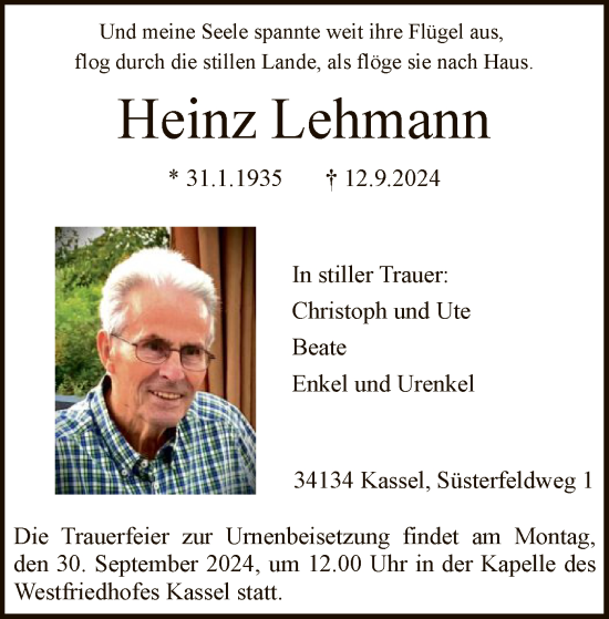 Todesanzeige von Heinz Lehmann von HNA