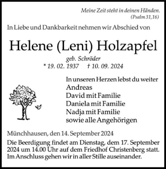 Todesanzeige von Helene  Holzapfel von HNA