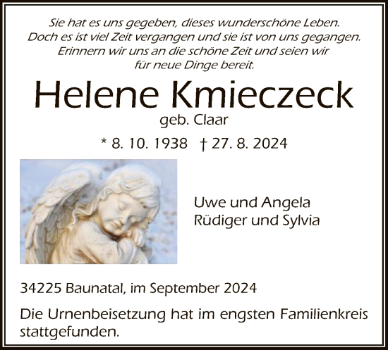 Todesanzeige von Helene Kmieczeck von HNA