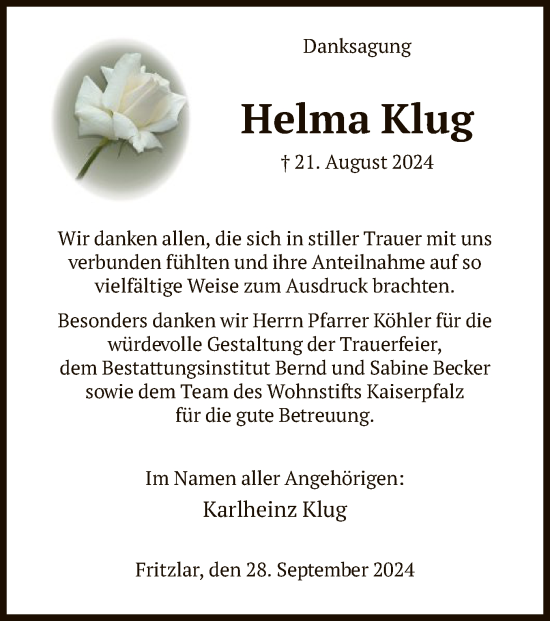 Todesanzeige von Helma Klug von HNAWLZ