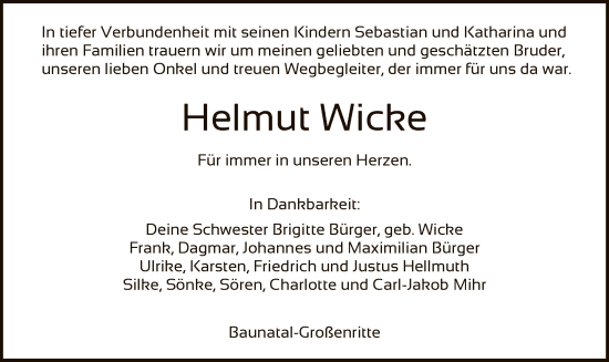 Todesanzeige von Helmut Wicke von HNAHNA