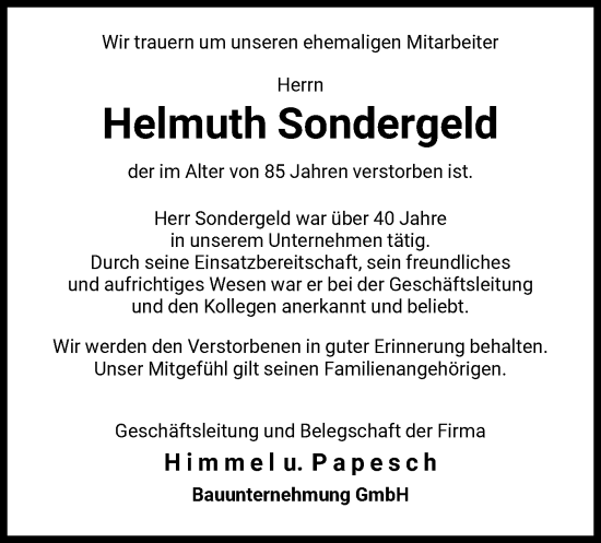 Todesanzeige von Helmuth Sondergeld von HNA