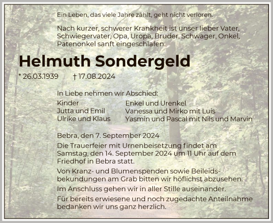 Todesanzeige von Helmuth Sondergeld von HNA