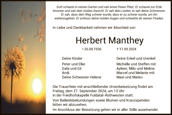 Todesanzeige von Herbert Manthey von HNA