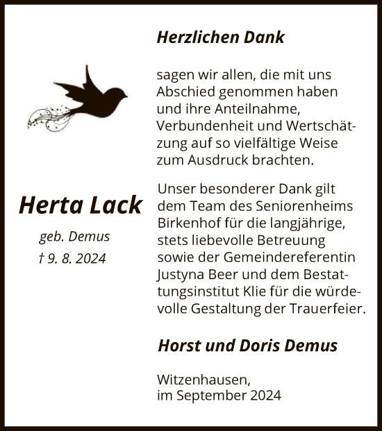 Todesanzeige von Herta Lack von HNA