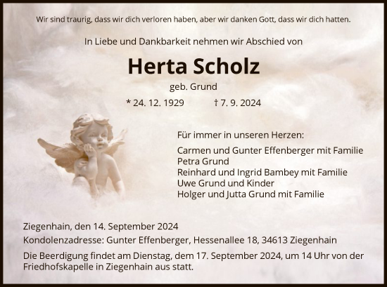 Todesanzeige von Herta Scholz von HNA