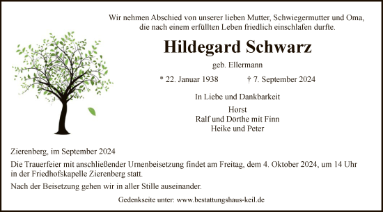 Todesanzeige von Hildegard Schwarz von HNA