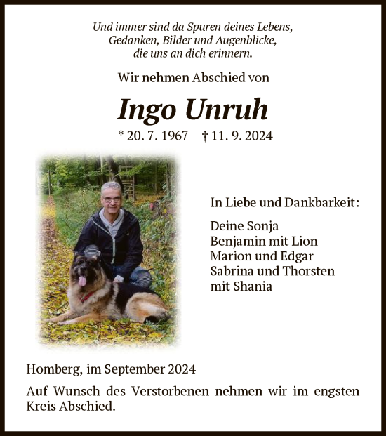 Todesanzeige von Ingo Unruh von HNA