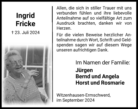 Todesanzeige von Ingrid Fricke von HNA