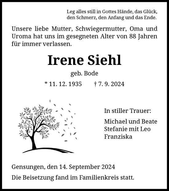 Todesanzeige von Irene Siehl von HNA