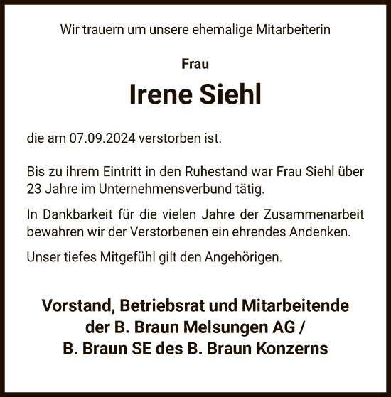 Todesanzeige von Irene Siehl von HNA