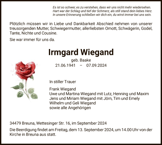 Todesanzeige von Irmgard Wiegand von HNAWLZ