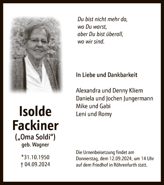 Todesanzeige von Isolde Fackiner von HNA