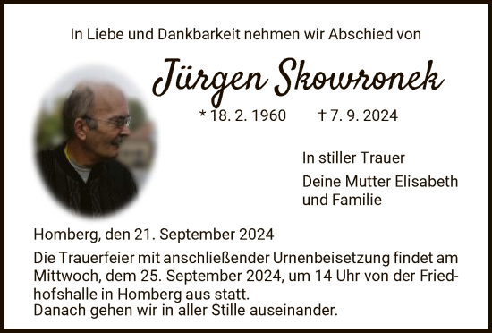 Todesanzeige von Jürgen Skowronek von HNA