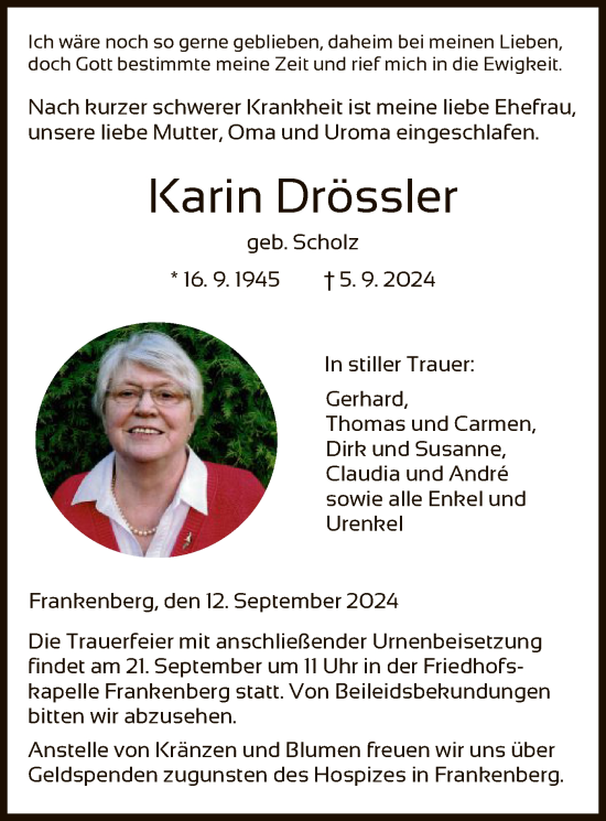 Todesanzeige von Karin Drössler von HNA