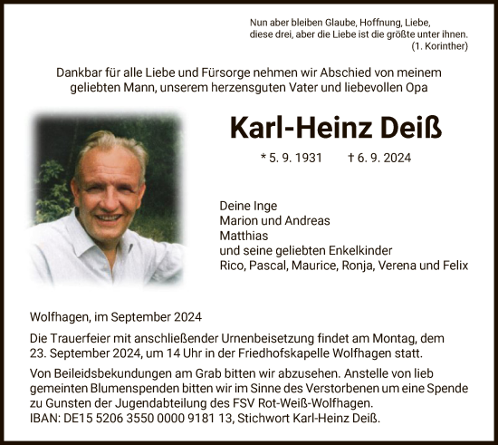 Todesanzeige von Karl-Heinz Deiß von HNAHNA