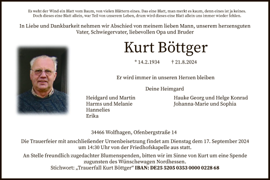 Todesanzeige von Kurt Böttger von HNAHNA